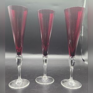 Vintage Saint Louis "Grand Lieu" Red Champagne Glasses W/Clear Stem Set Of 3